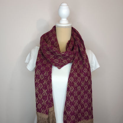 Echarpe en mérinos, baby alpaga et soie - marron  et  fuchsia - Tissage artisanal
