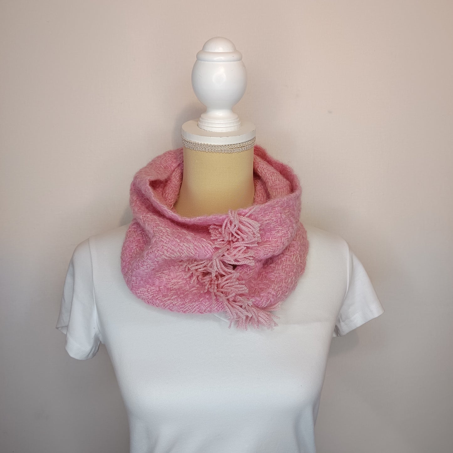 Col de laine rose - tissage artisanal , Mérinos , Soie et Baby-Alpaga