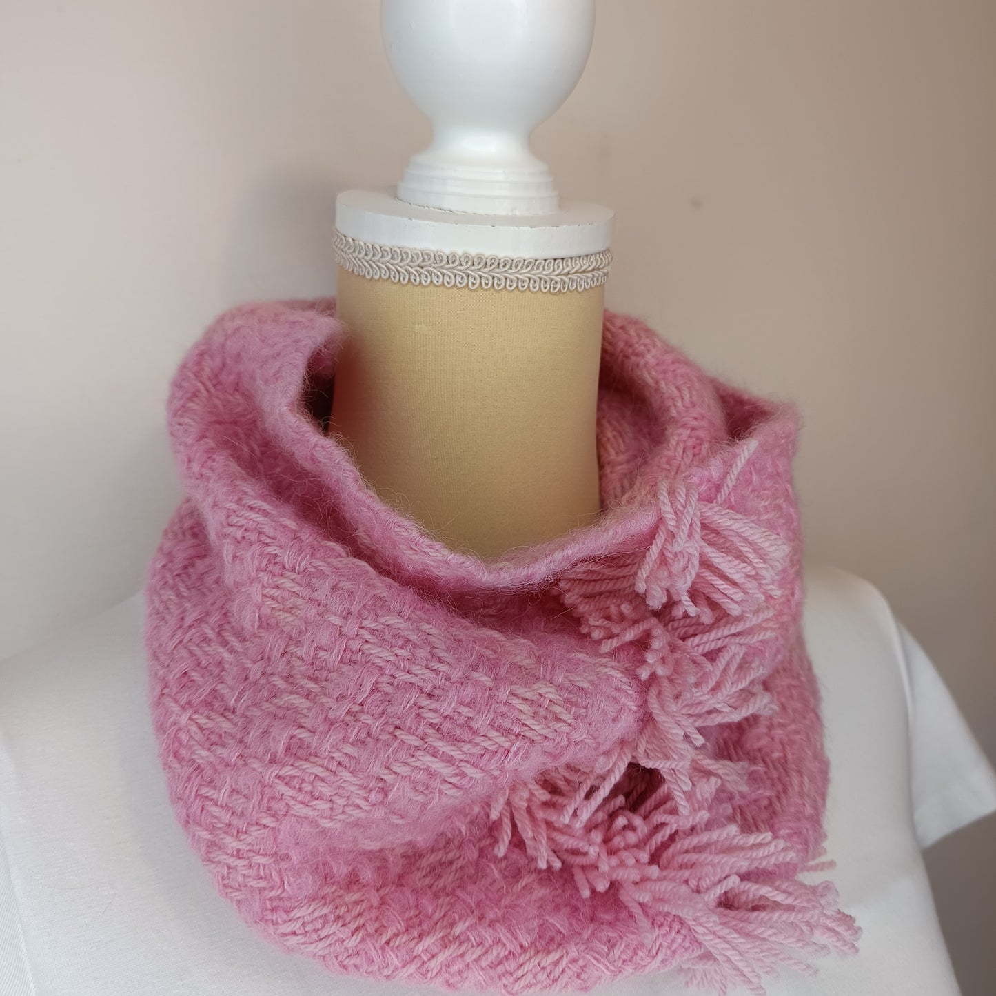 Col de laine rose - tissage artisanal , Mérinos , Soie et Baby-Alpaga